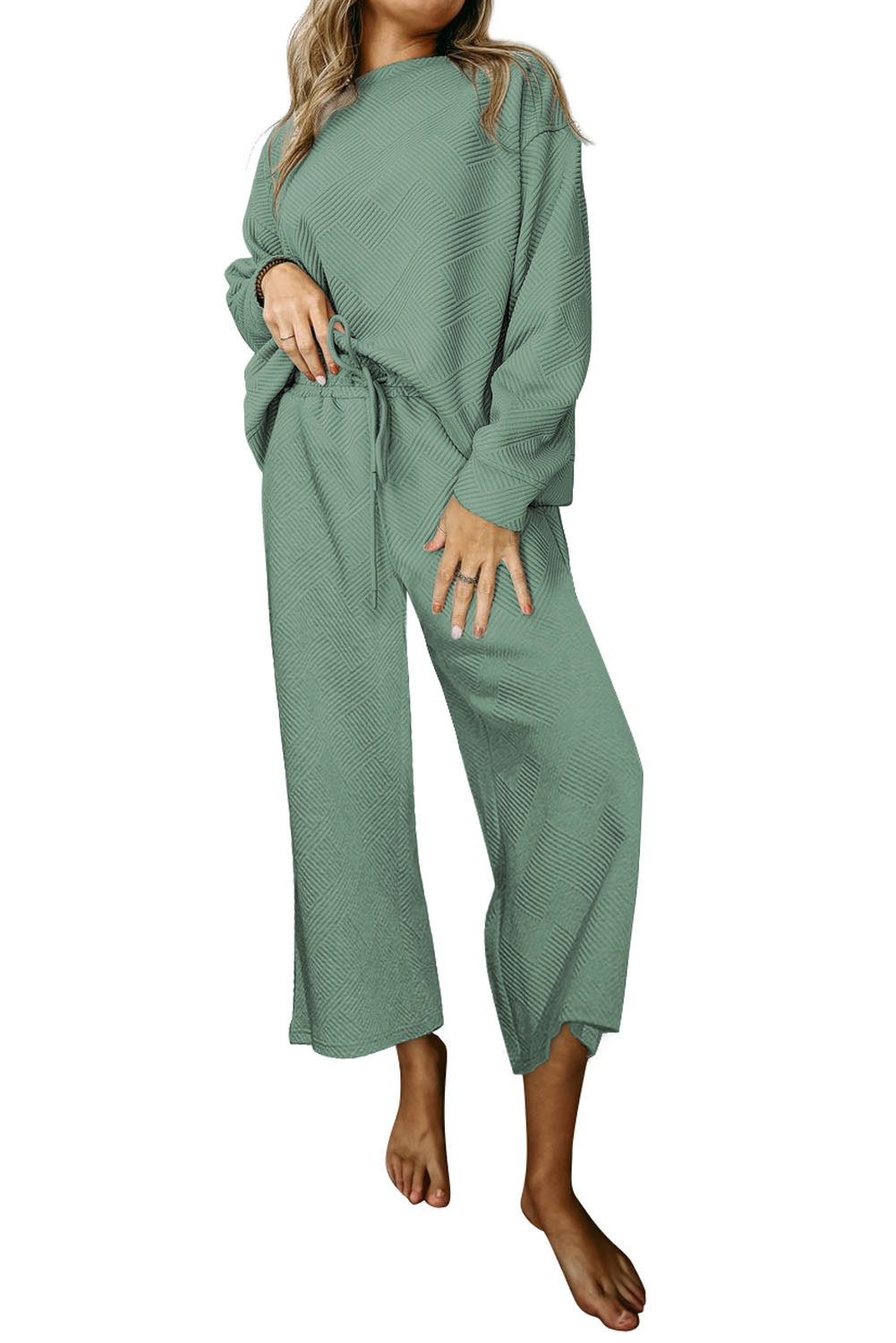 Beige Textured Loose Slouchy Long Sleeve Top and Pants Set