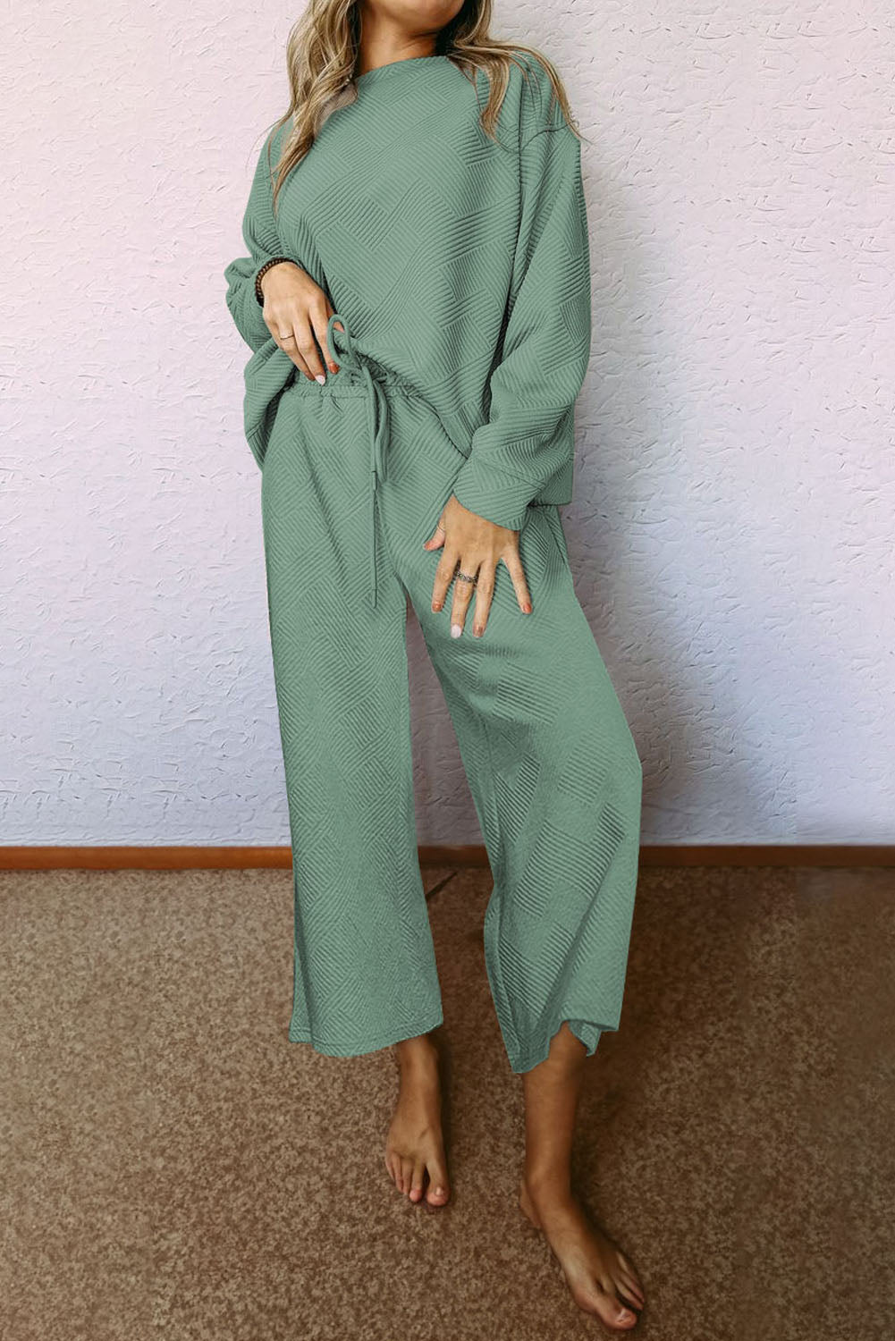 Beige Textured Loose Slouchy Long Sleeve Top and Pants Set
