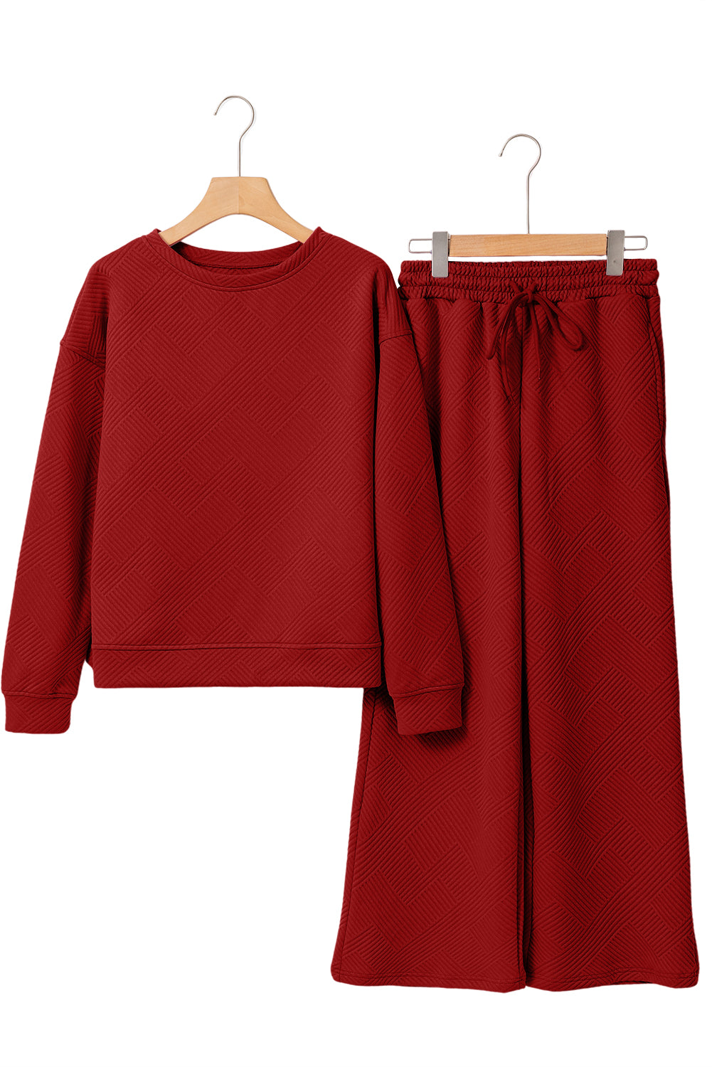 Beige Textured Loose Slouchy Long Sleeve Top and Pants Set