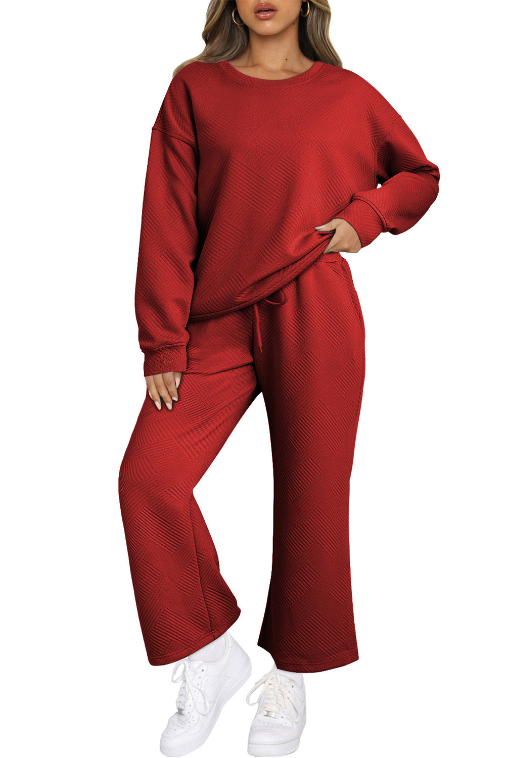 Beige Textured Loose Slouchy Long Sleeve Top and Pants Set