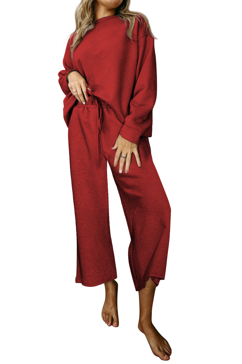 Beige Textured Loose Slouchy Long Sleeve Top and Pants Set