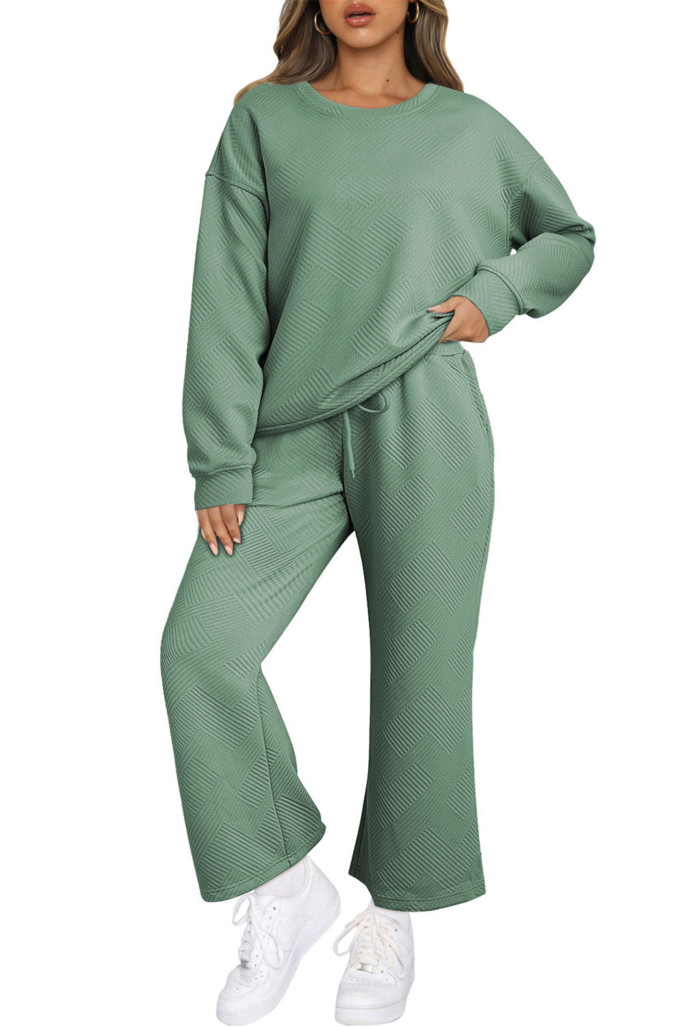 Beige Textured Loose Slouchy Long Sleeve Top and Pants Set