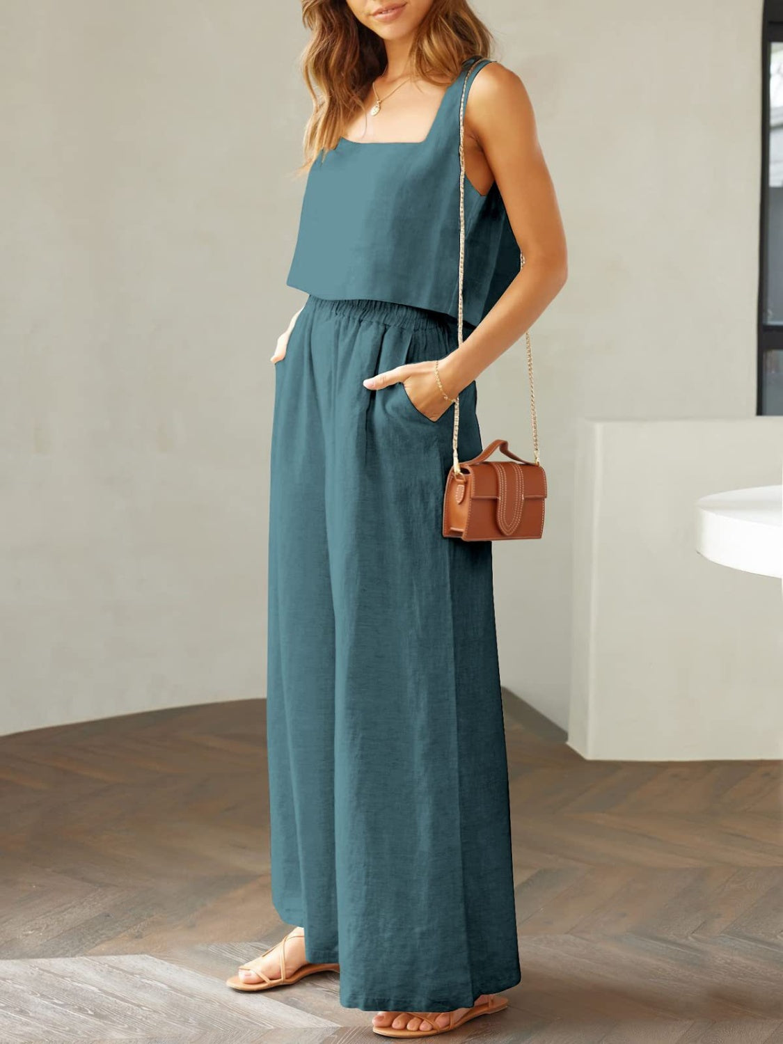 Square Neck Top and Wide Leg Pants Set