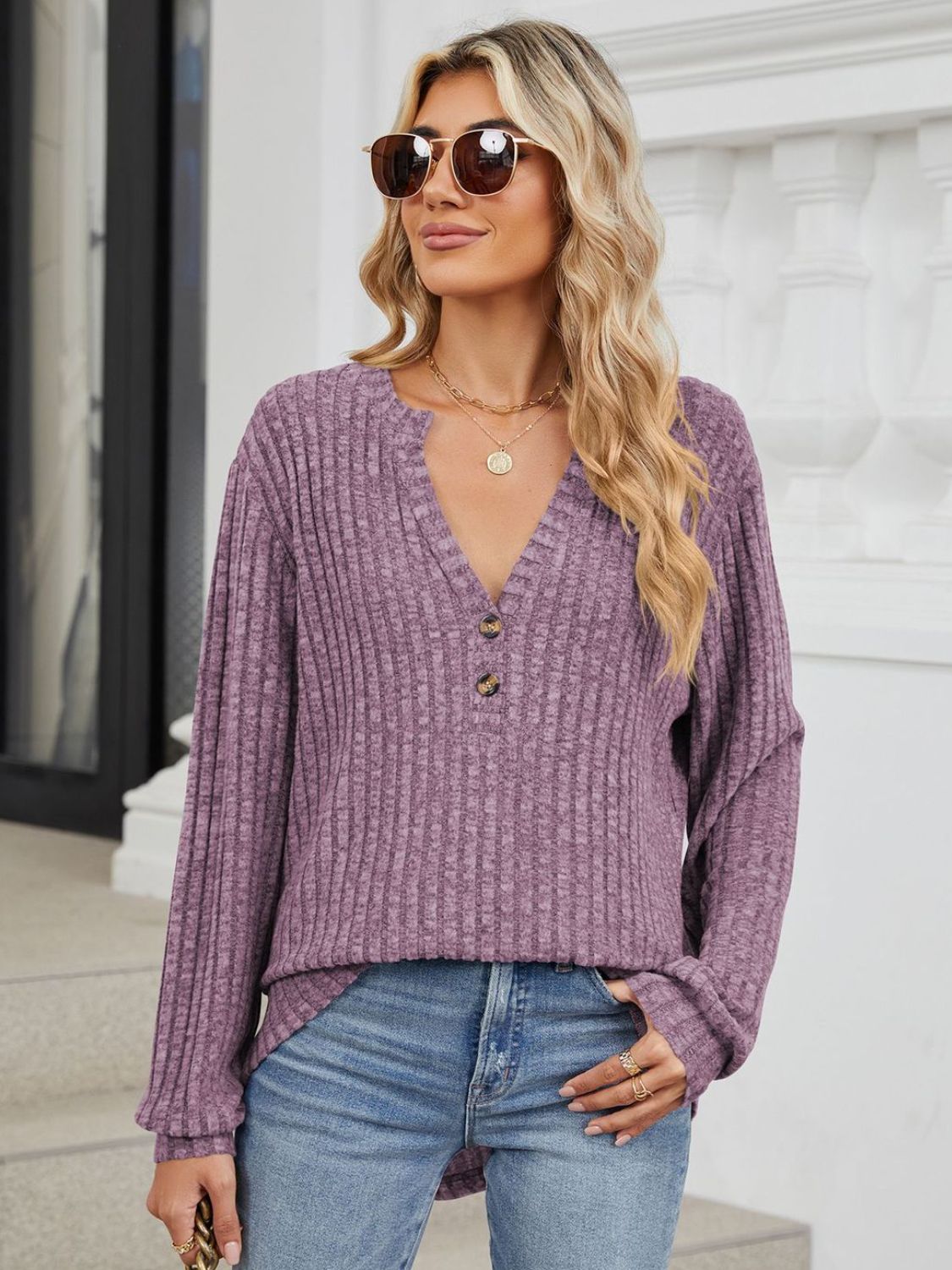 Ribbed Notched Long Sleeve T-Shirt